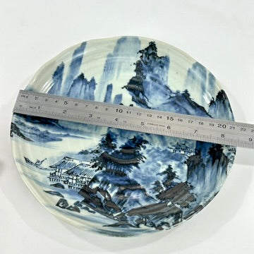 Japanese Showa Porcelain Plate Blue White Shanshui Mountain Landscape Yubyakudo Mark 8.5"W LS#093