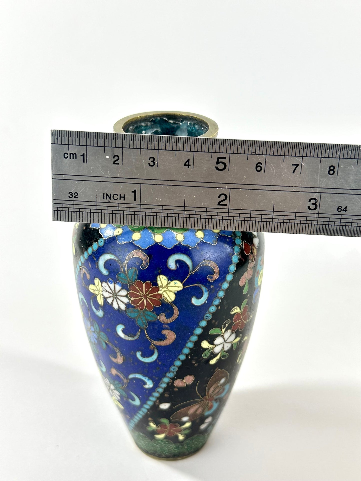 Japanese Meiji Cloisonne Shippo Baluster Vase Cobalt Black Butterfly Floral 5"H