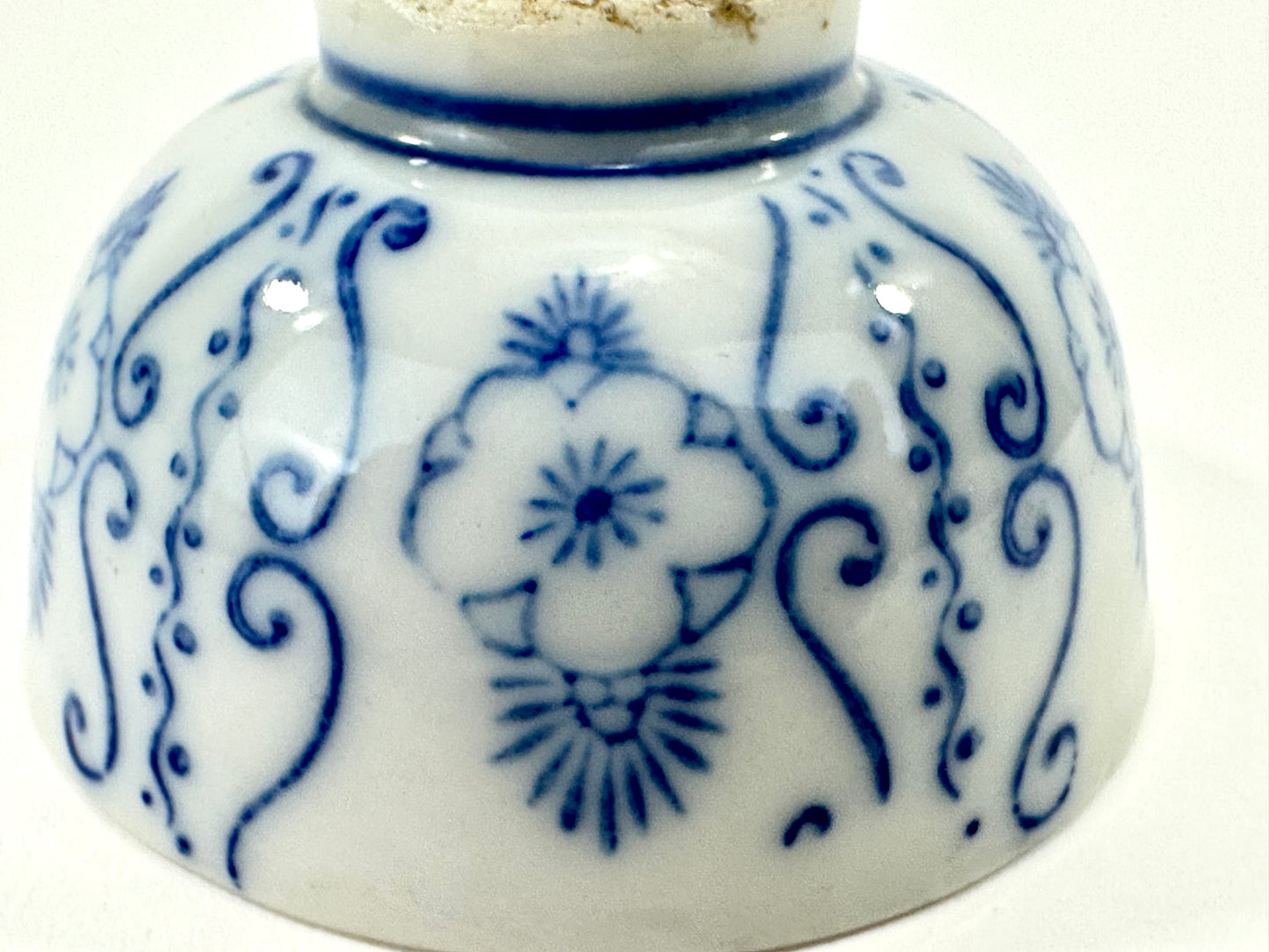 Antique Japanese Porcelain Cup with Blue Floral Pattern 3"