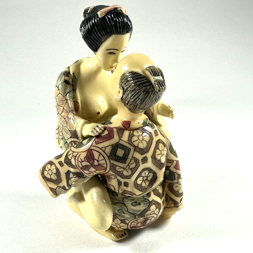 Vintage Japanese Shunga Erotic Figurine Couple Faux-Ivery Resin Hand Painted Showa c