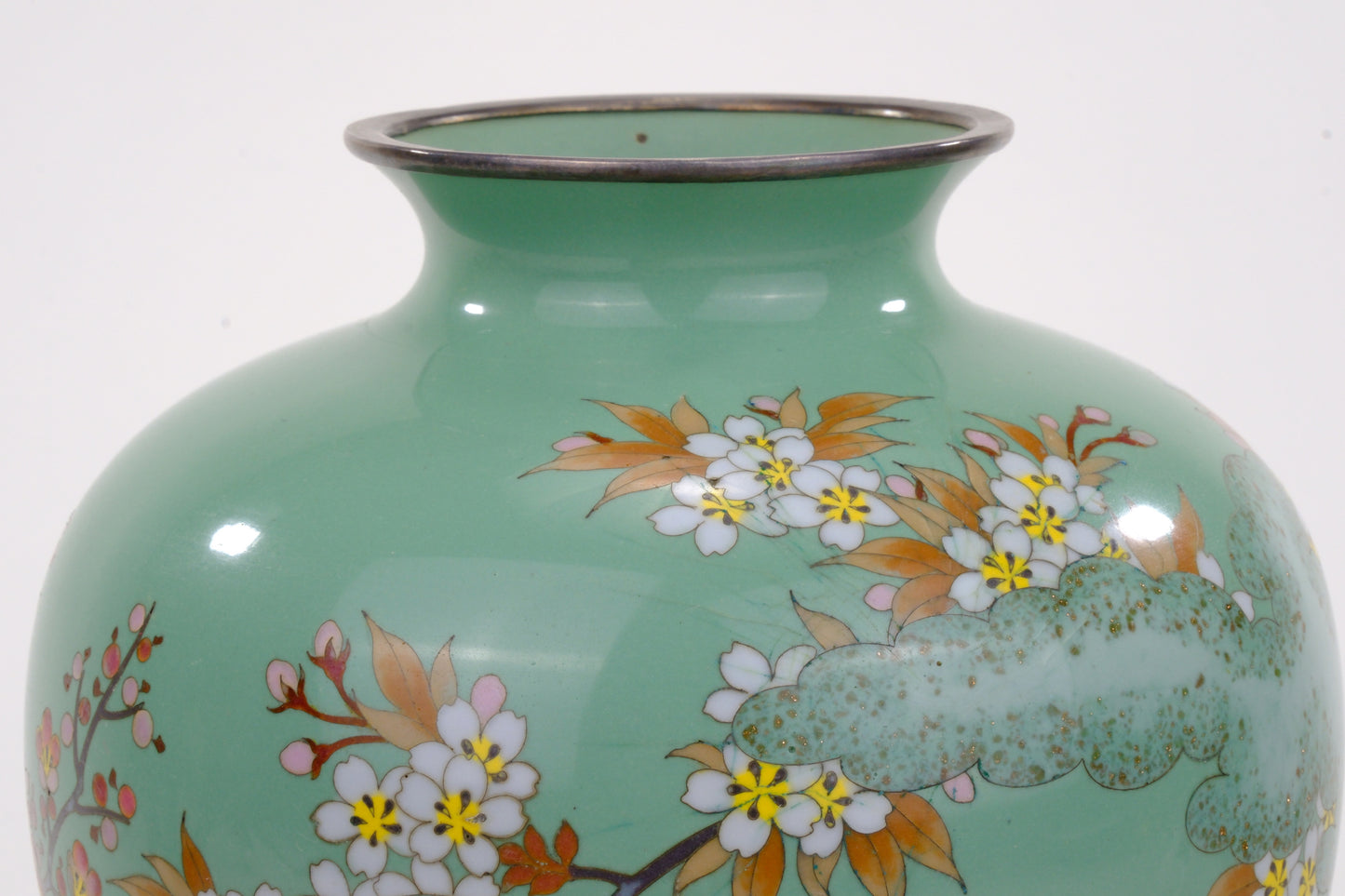 Antique Japanese Meiji Era (c1880) Cloisonné Vase Floral Motif Green 8"