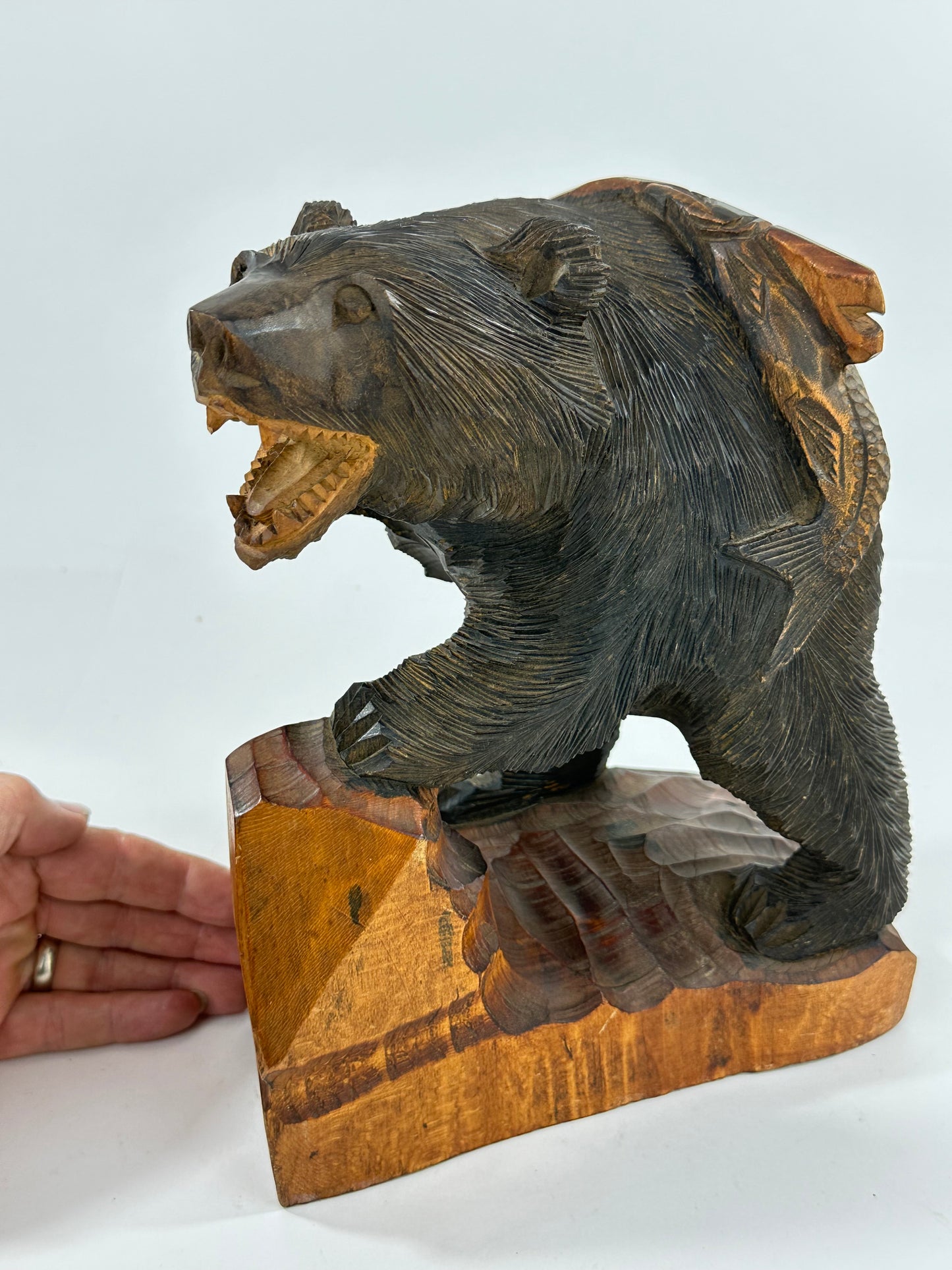 Vintage Japanese Ainu Bear Kuma w/ Salmon Sugi Wood ~10"