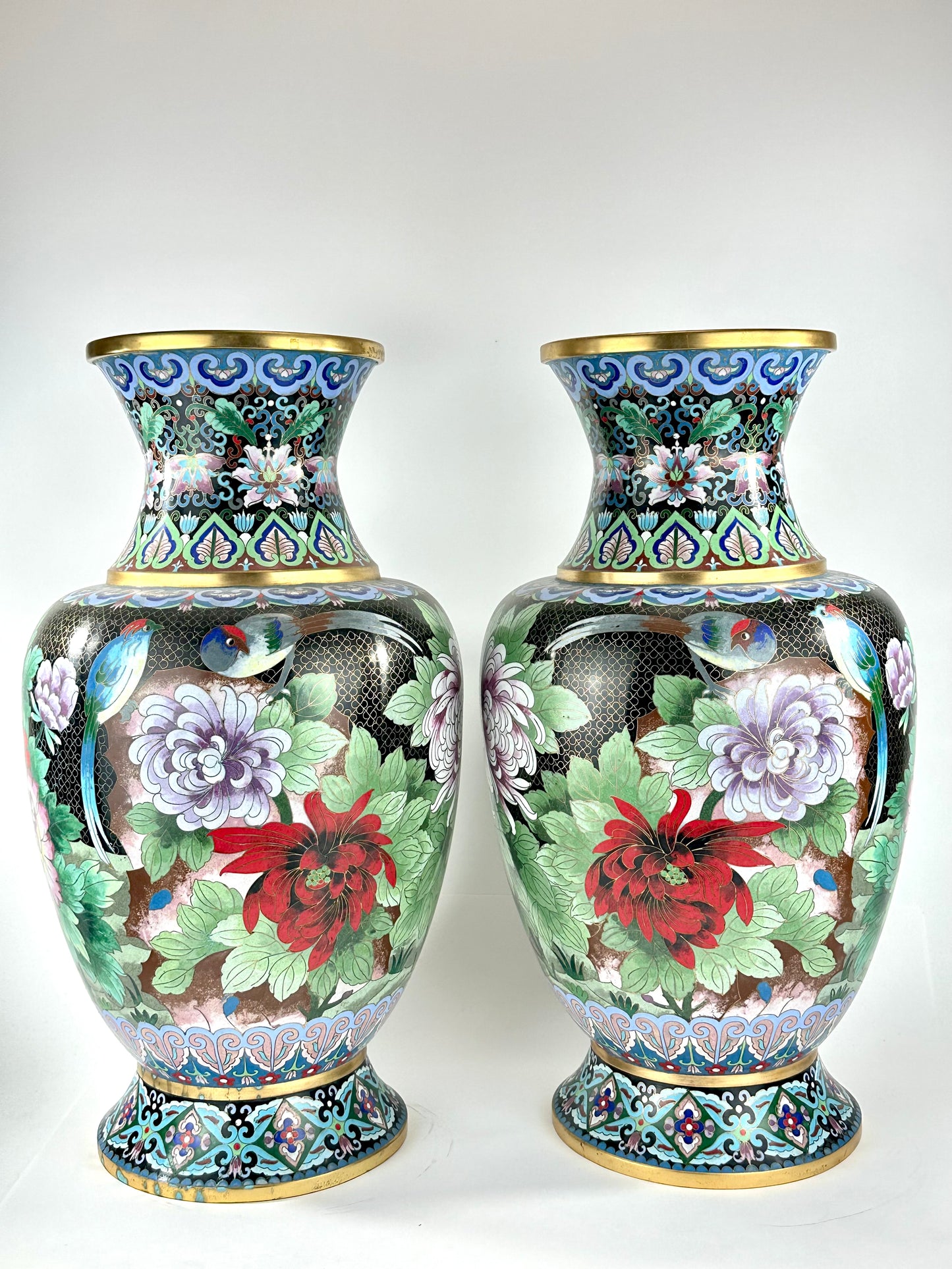 Vintage Chinese Cloisonne Vase Pair Black Ground Peony Pheasant Polychrome 20"H