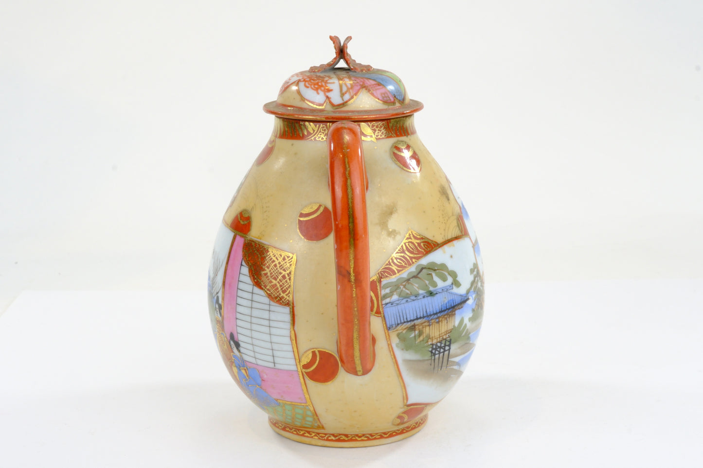 Antique Japanese Satsuma Ware Coffee Pot Bijin Figures Wisteria Shishi Finial Meiji