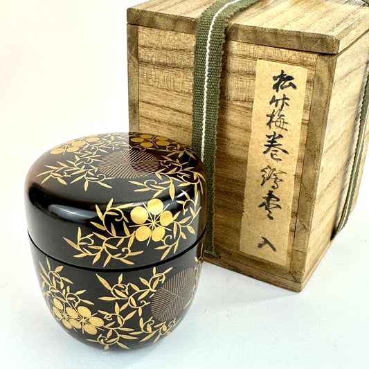 Vintage Japanese Lacquer Tea Caddy Natsume Maki-e Bamboo Plum Pine w/ Box