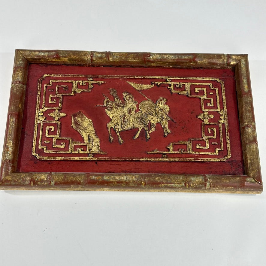 Antique Chinese Carved Gilt Lacquer Wood Panel Fragment Rider Scene 11.5″L