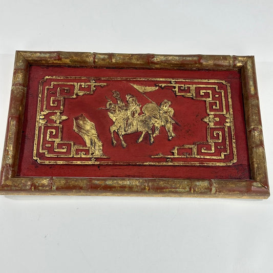 Antique Chinese Carved Gilt Lacquer Wood Panel Fragment Rider Scene 11.5″L