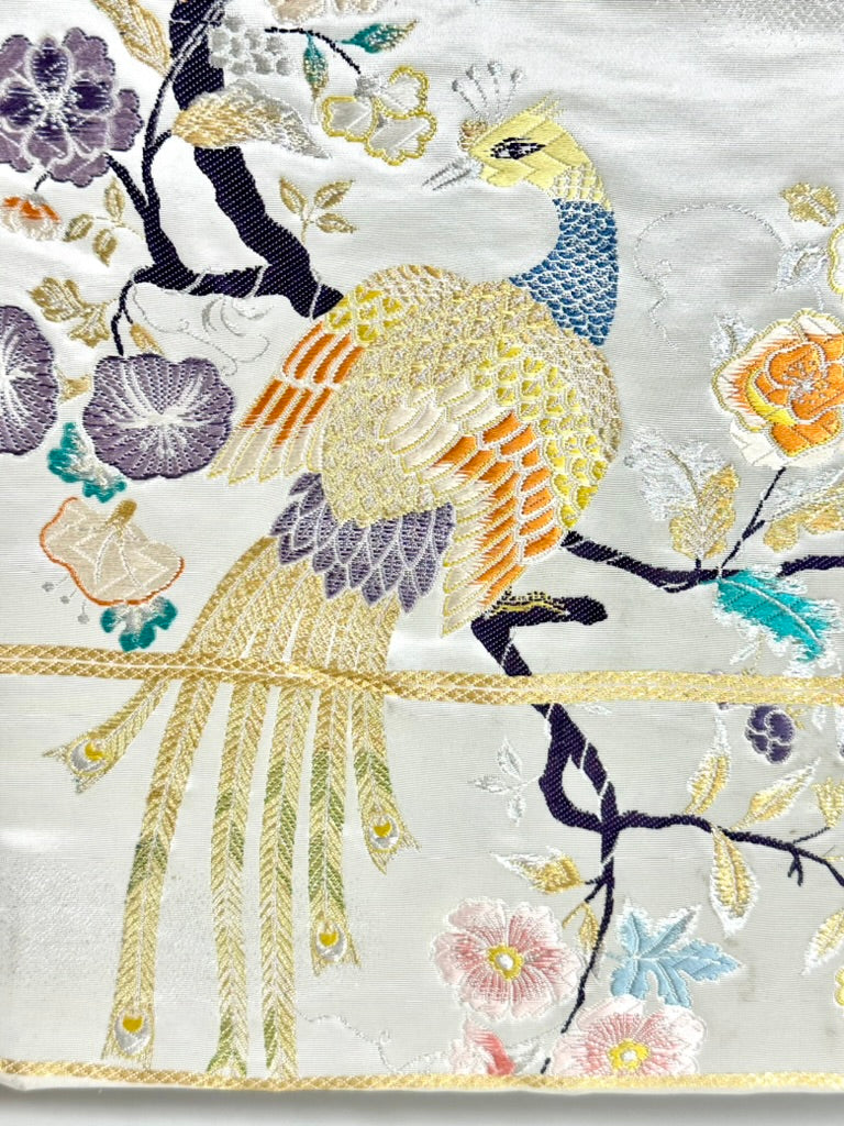 Vintage Japanese Silk Fukuro Obi Embroidered Phoenix Peony Blossom 13'L