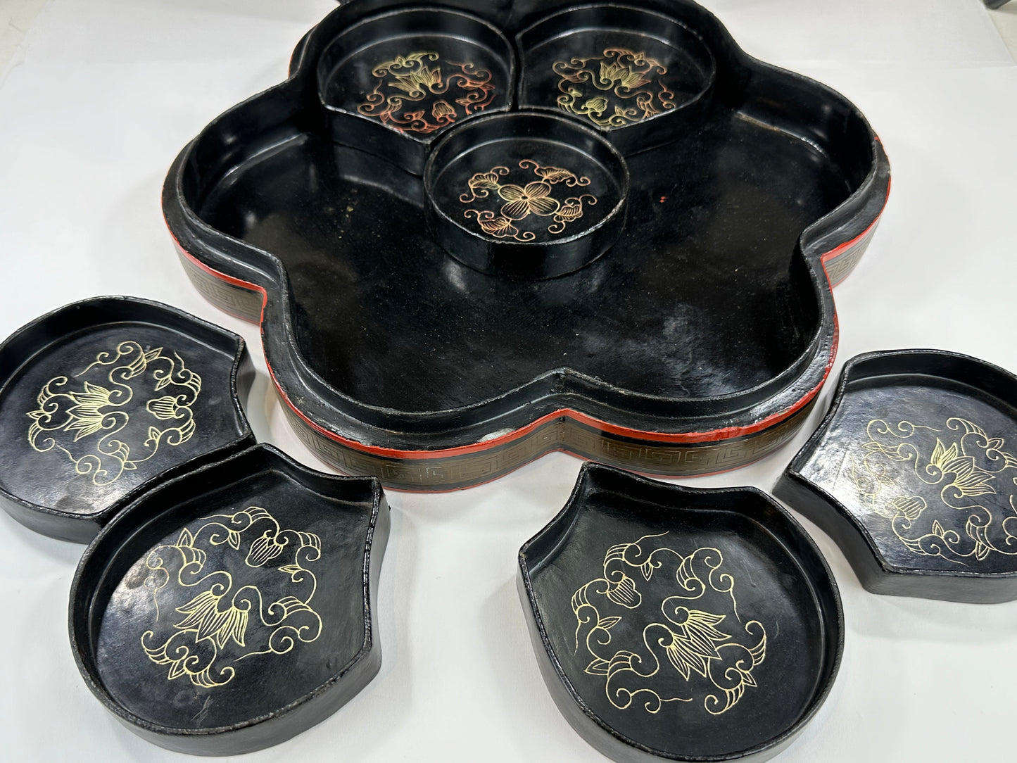 Antique Chinese Lacquer Wooden Box w/ 7 Bowls Floral Arabesque