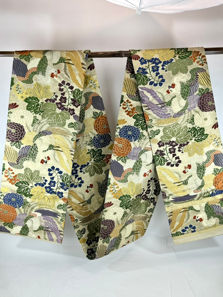Antique Japanese Silk Maru Obi Taisho Phoenix Chrysanthemum Gosho 13'L