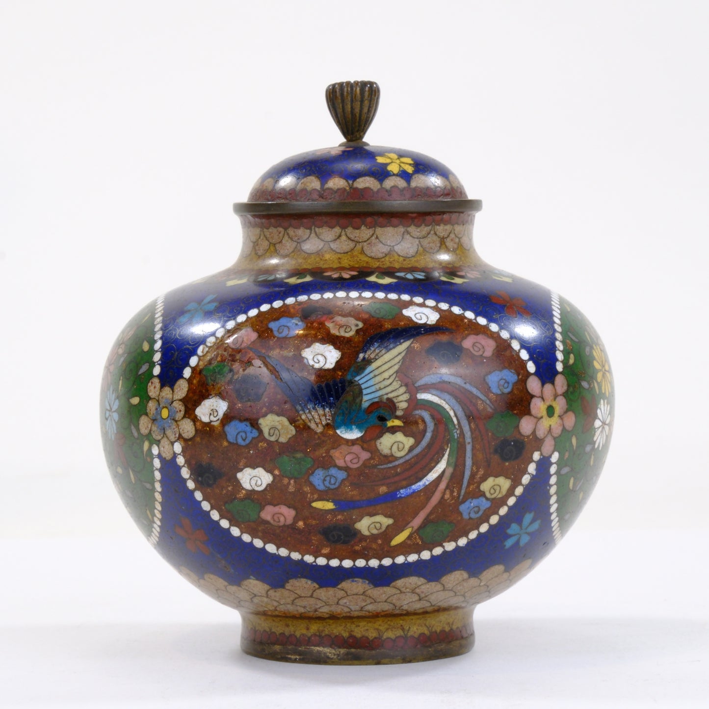 Japanese Meiji Cloisonne Enamel Covered Jar Cobalt Phoenix Floral Cartouche Bronze Finial 5"H