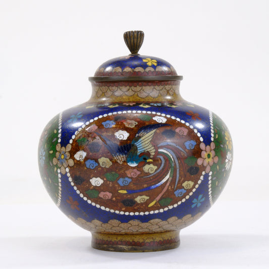 Japanese Meiji Cloisonne Enamel Covered Jar Cobalt Phoenix Floral Cartouche Bronze Finial 5"H