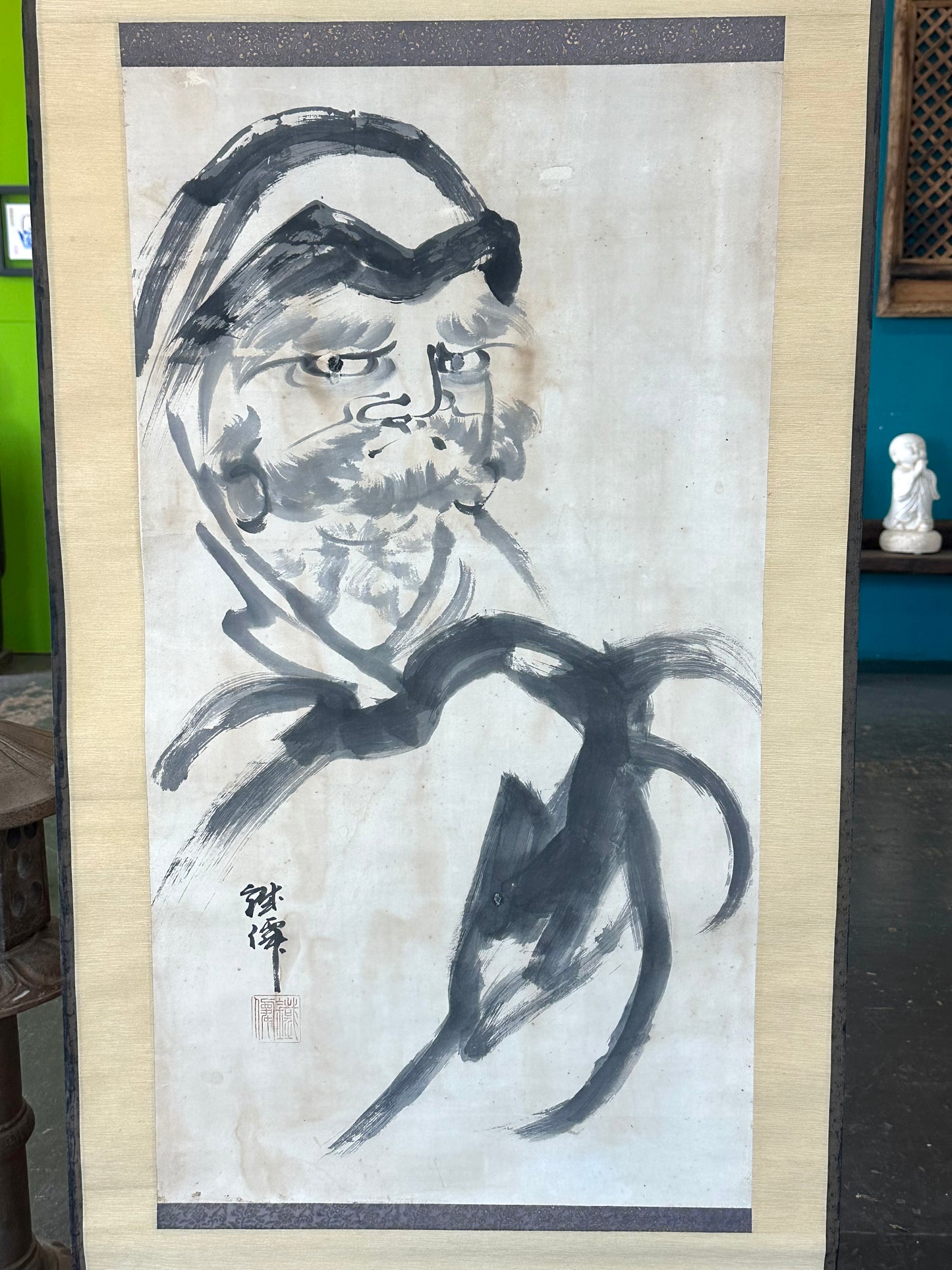 Antique Japanese Kakejiku Hanging Scroll Daruma Bodhidharma Zenga Ink Painting 61"L