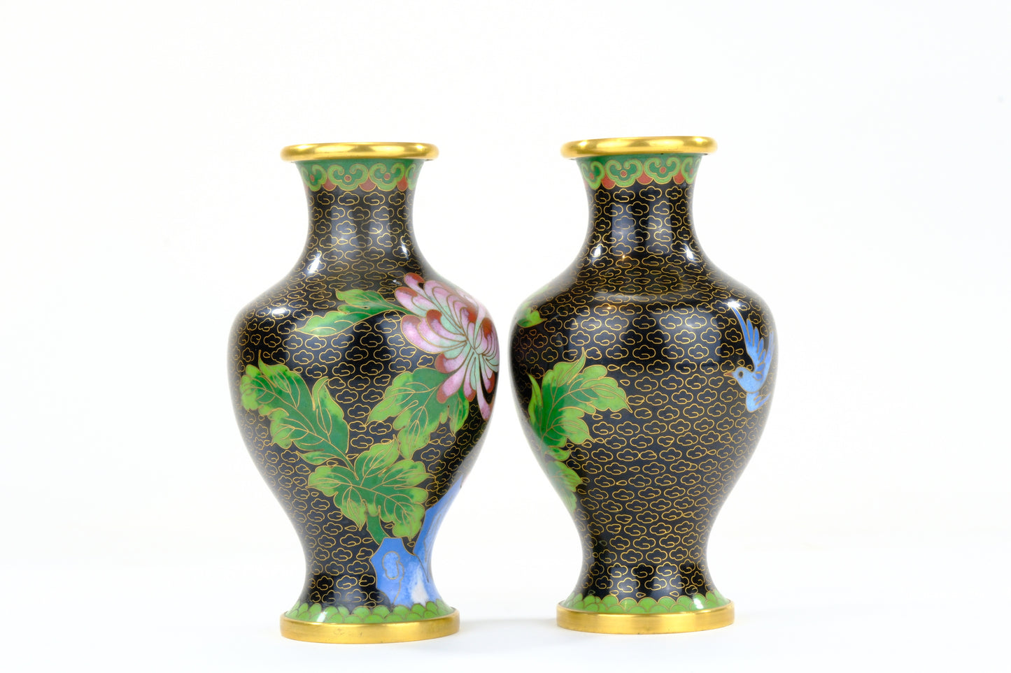 Chinese Cloisonne Enamel Vase Pair Black Ground Blue Bird Pink Peony Gold Rim
