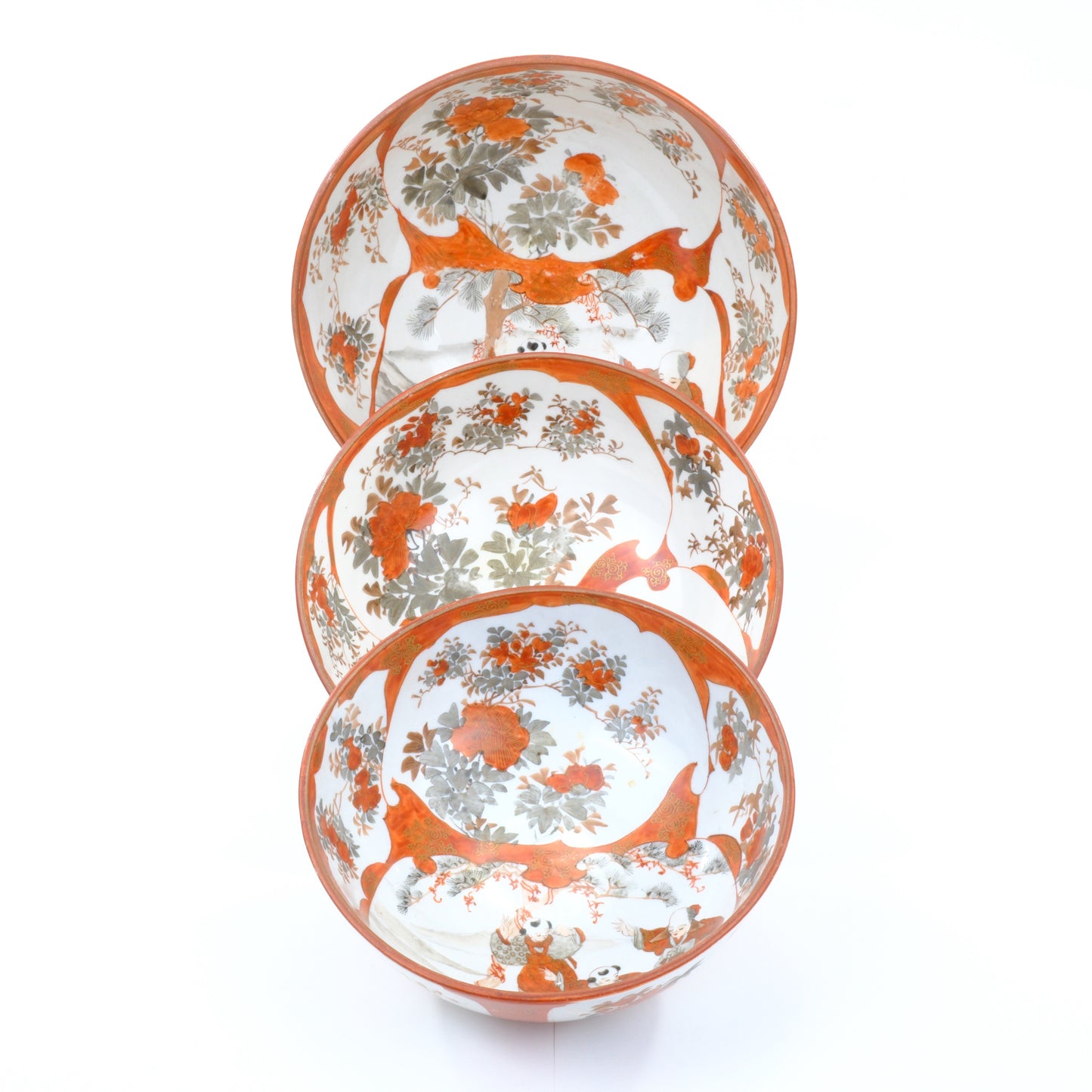 Antique Japanese Kutani Aka-e Nesting Bowl Set Three Karako Children Peony Meiji 10"W