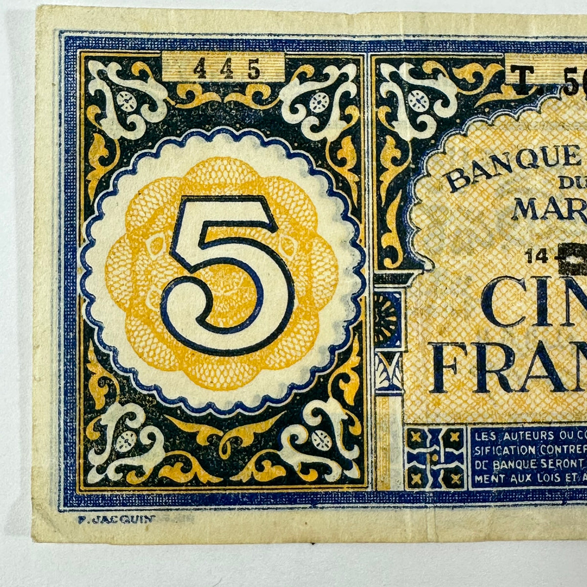 Vintage WWII Era Morocco 5 Francs Banque d Etat du Maroc French Colonial 1943