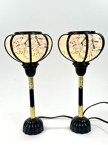 Japanese Showa Era Hiunkudo Sakura Lantern Table Lamp Pair Black Lacquer Brass 15"H