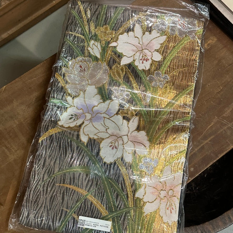 Vintage Japanese Silk Fukuro Obi Gold Thread Orchid Design Unused 13′L