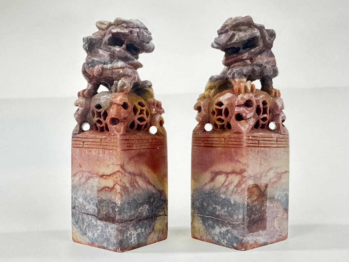 Vintage Chinese Pair of Marble Foo Dog Inkan Chop Stamps 3.5"