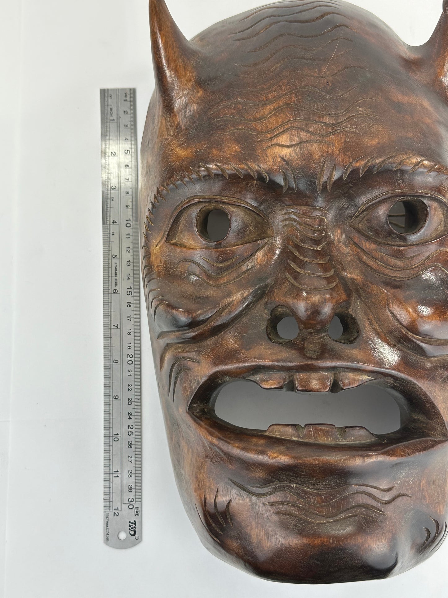 Vintage Japanese c1950's Folk Art Oni Mask Hand Carved Wood Wall Hanging 13"
