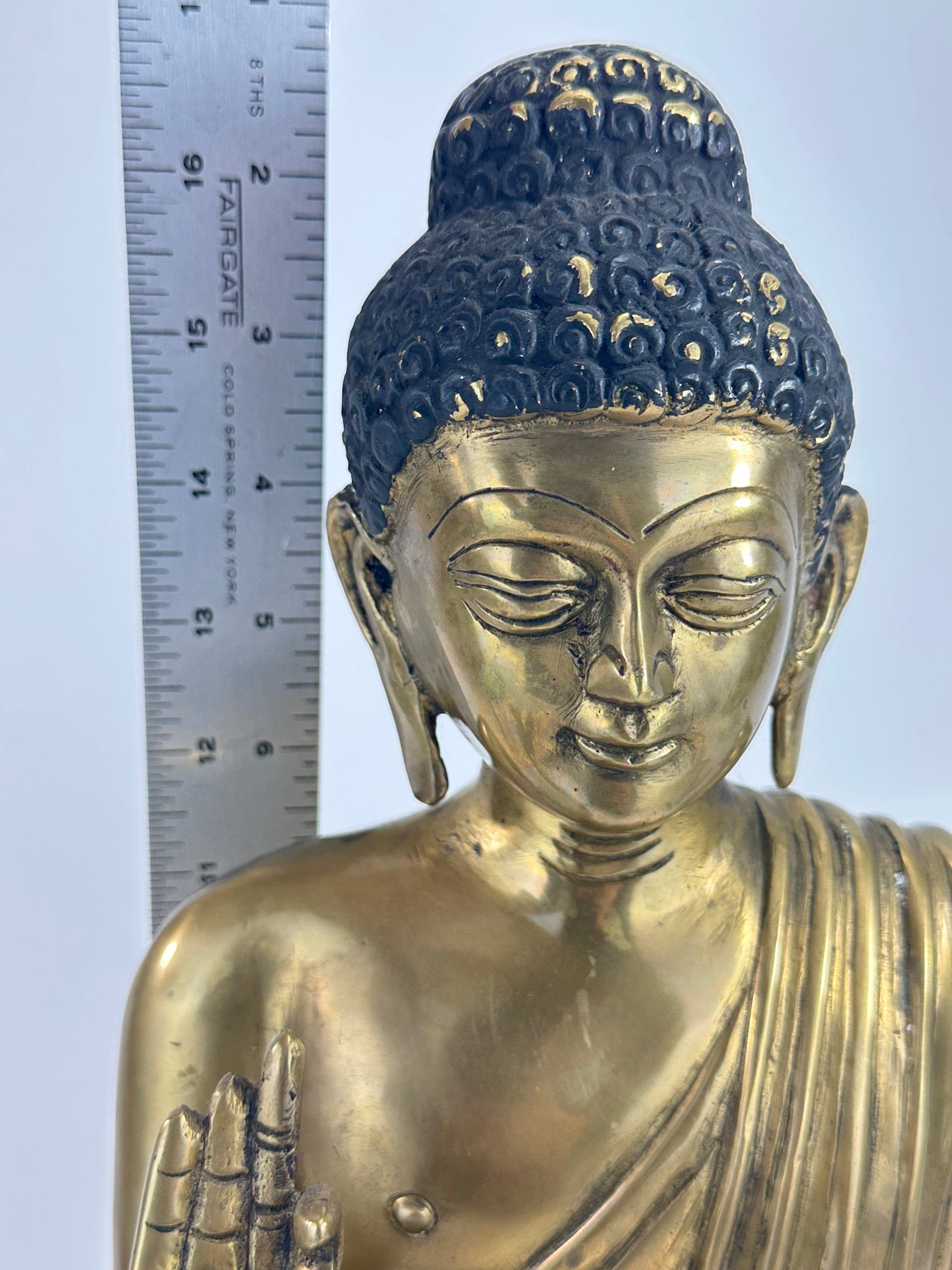 Vintage Brass Seated Buddha Figure with Abhaya Mudra on Lotus Base 16" LS#184