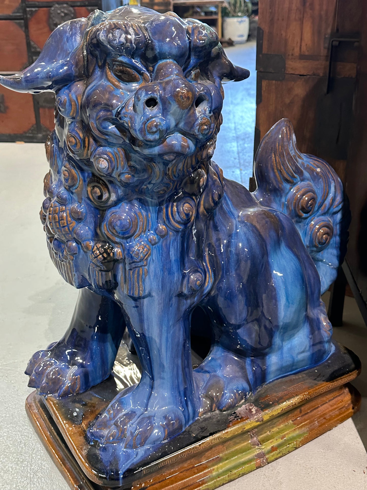 Vintage Chinese Ceramic Foo Dog Pair by Master Tien-Fu Lin Blue Drip Glaze 28”H