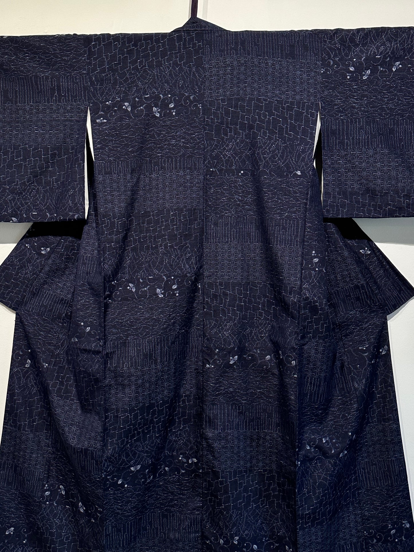 Japanese Tsumugi Ojiya Silk Kimono Hand Spun Dark Blue Asanoha