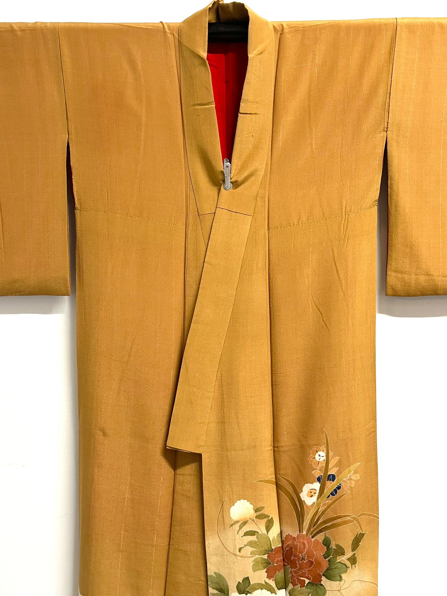 Vintage Japanese Silk Tomesode Kimono Yuzen Botan Peony Gold Amber Showa