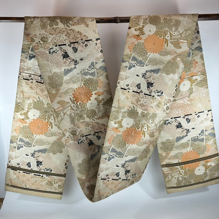 Antique Japanese Silk Tsuzure Fukuro Obi Crane Chrysanthemum Wave 13'L
