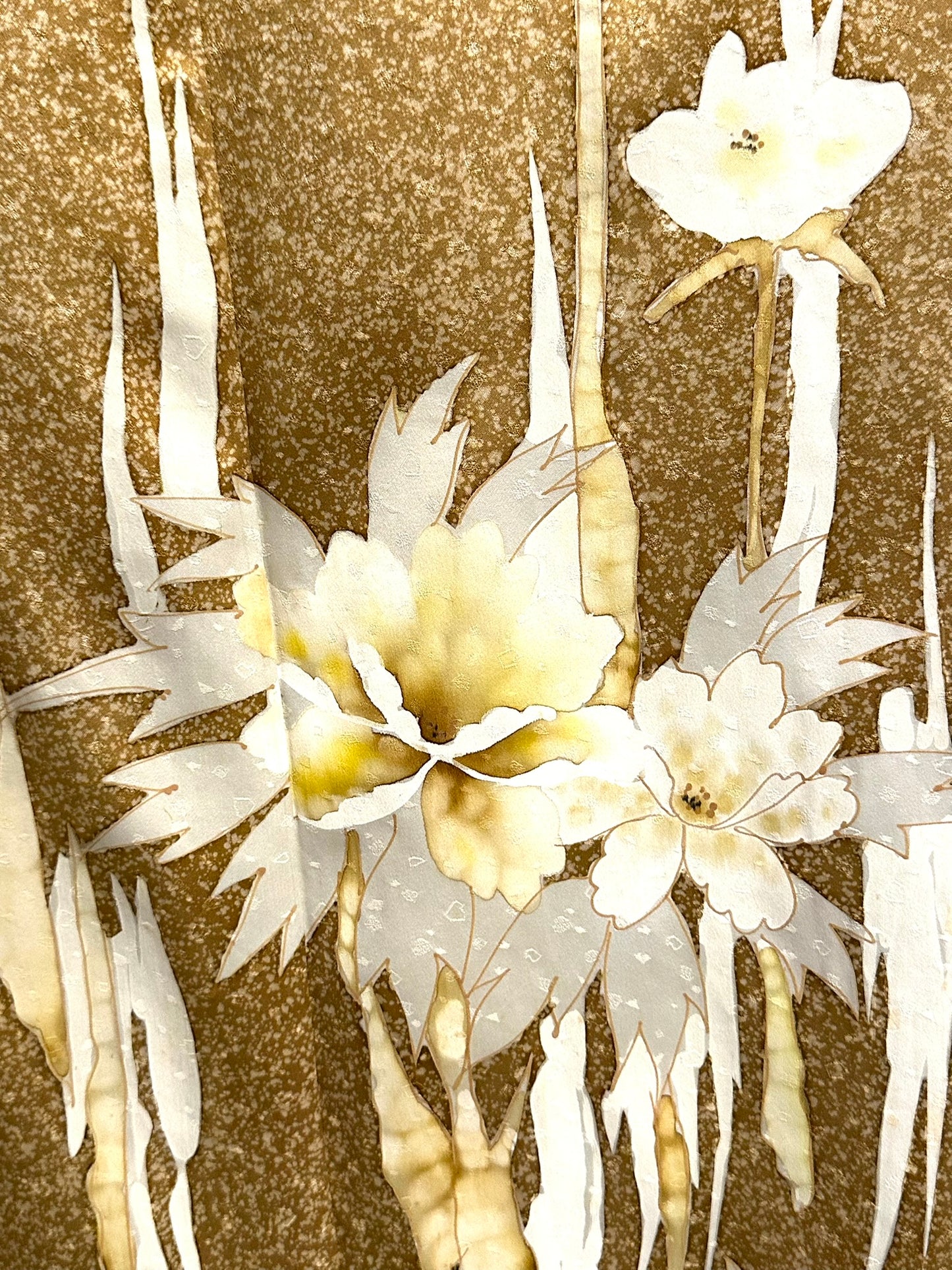Vintage Japanese Silk Nashiji Gold Kimono Yuzen Suisen Narcissus Showa Era