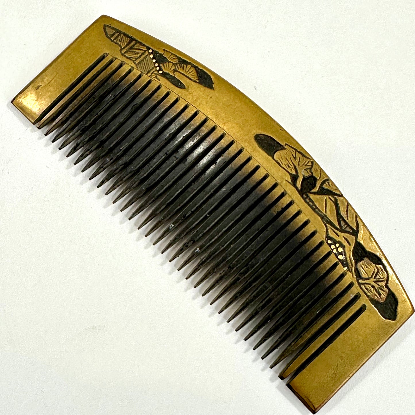 Antique Japanese Geisha Comb Kushi Hairpiece Kanzashi Gold Makie Hut w/ Pines 3.5"