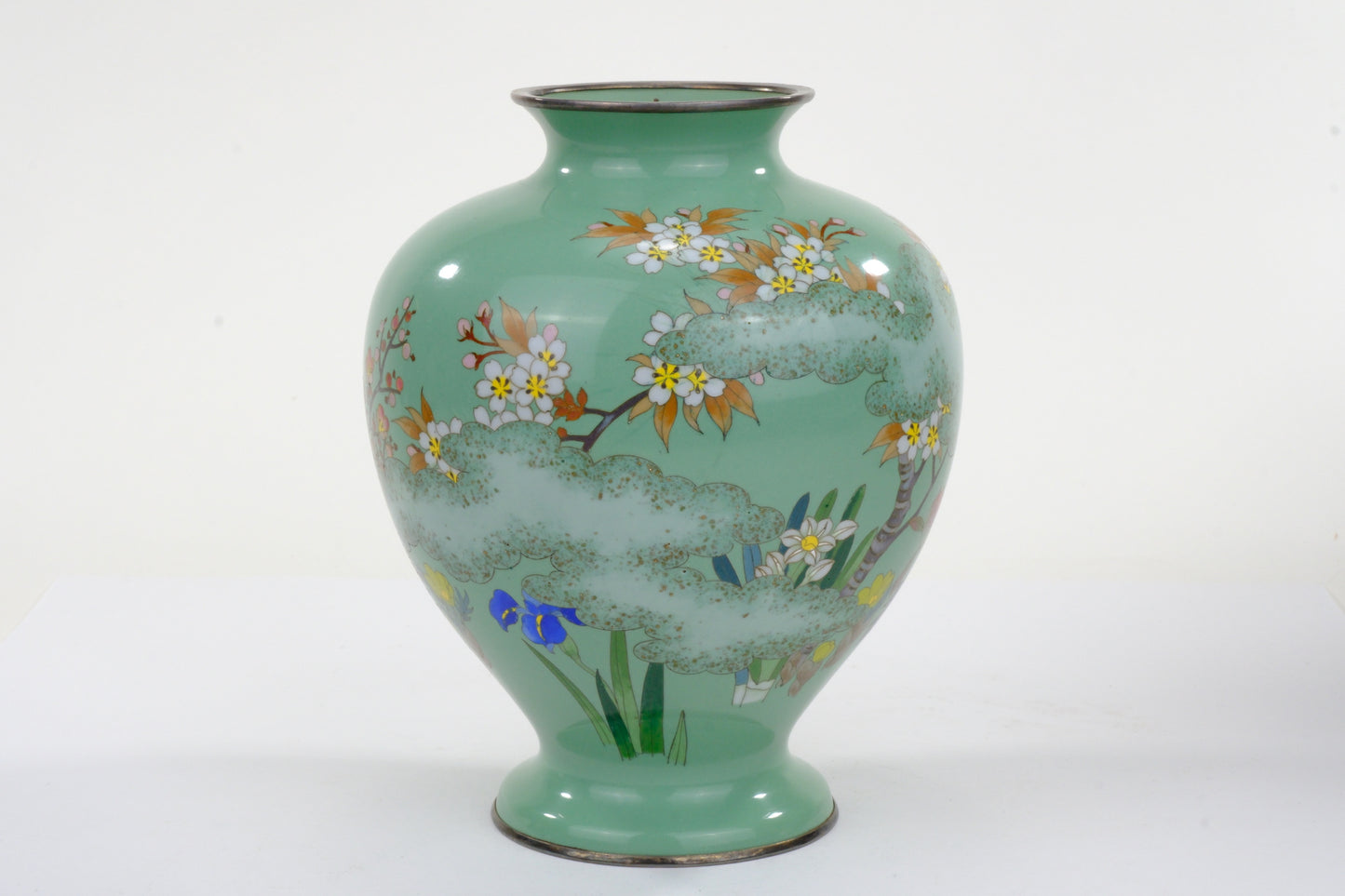 Antique Japanese Meiji Era (c1880) Cloisonné Vase Floral Motif Green 8"