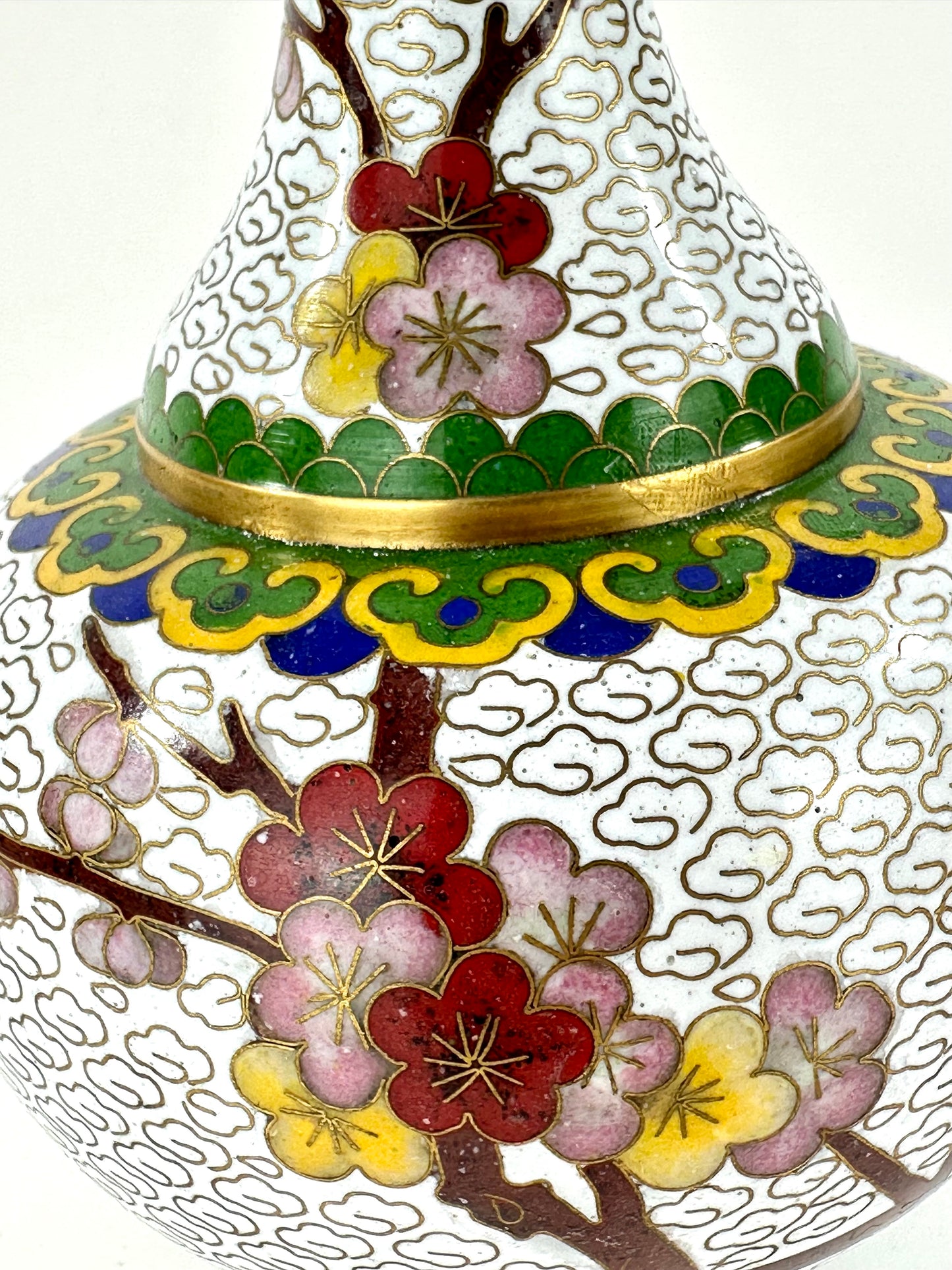Vintage Chinese White Cloisonné Vase w/ plum blossoms 6”