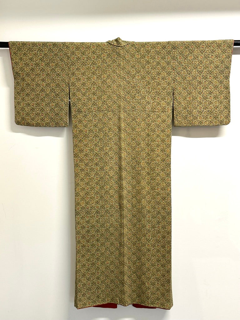 Vintage Japanese Silk Komon Kimono Shippo Floral Repeat Rikyu Olive Showa