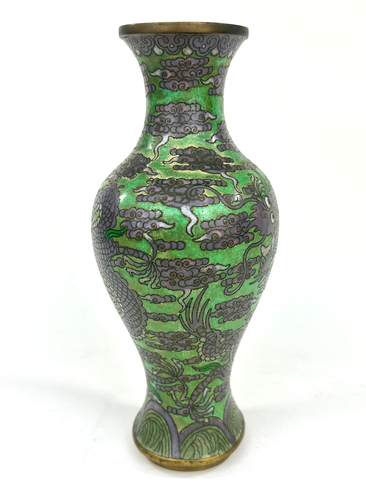 Antique Chinese Late Qing Dynasty (c1910) Cloisonné Vase Emerald Dragon 9”