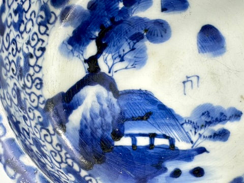 Antique Japanese Imari Blue White Porcelain Bowl Shanshui Landscape Late Edo 6.25"W