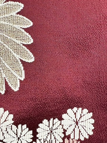 Vintage Japanese Silk Brocade Kimono Woven Kiku Chrysanthemum Burgundy Showa