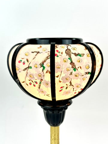 Japanese Showa Era Hiunkudo Sakura Lantern Table Lamp Pair Black Lacquer Brass 15"H