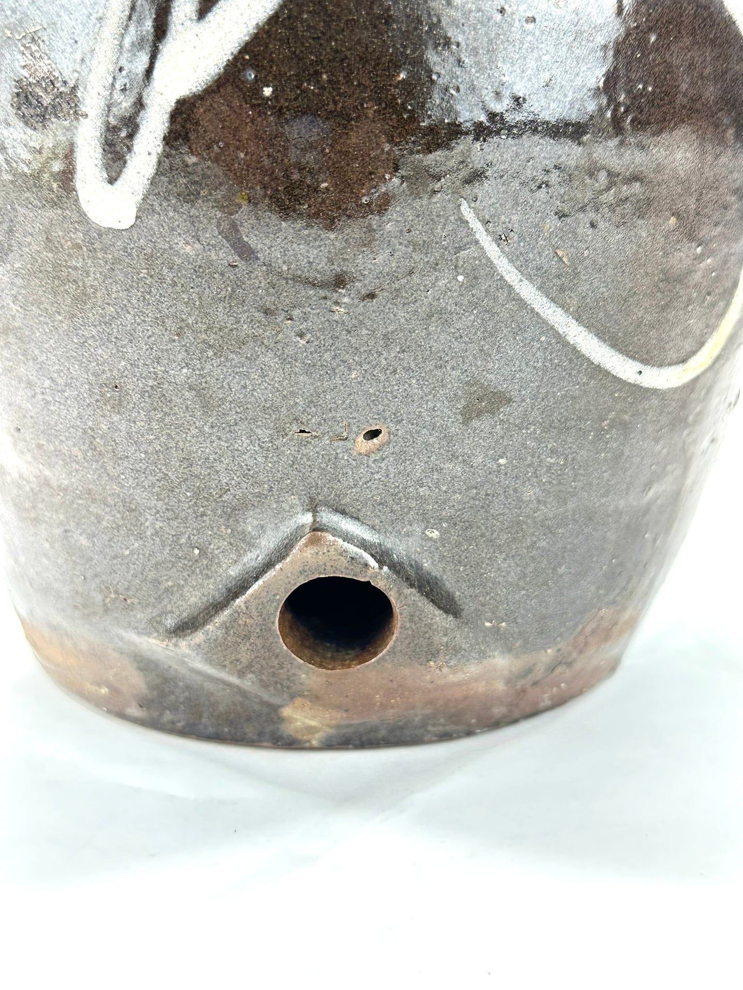Antique Japanese Dark Glazed Stoneware Tokkuri Sake Jug White Slip Calligraphy Tap Hole Meiji 14"H