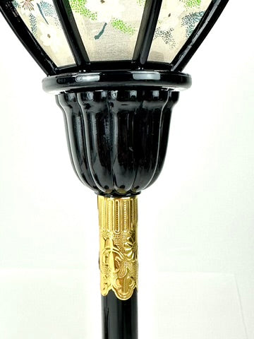 Japanese Showa Era Sakura Lantern Table Lamp Pair Black Lacquer Brass 15"H