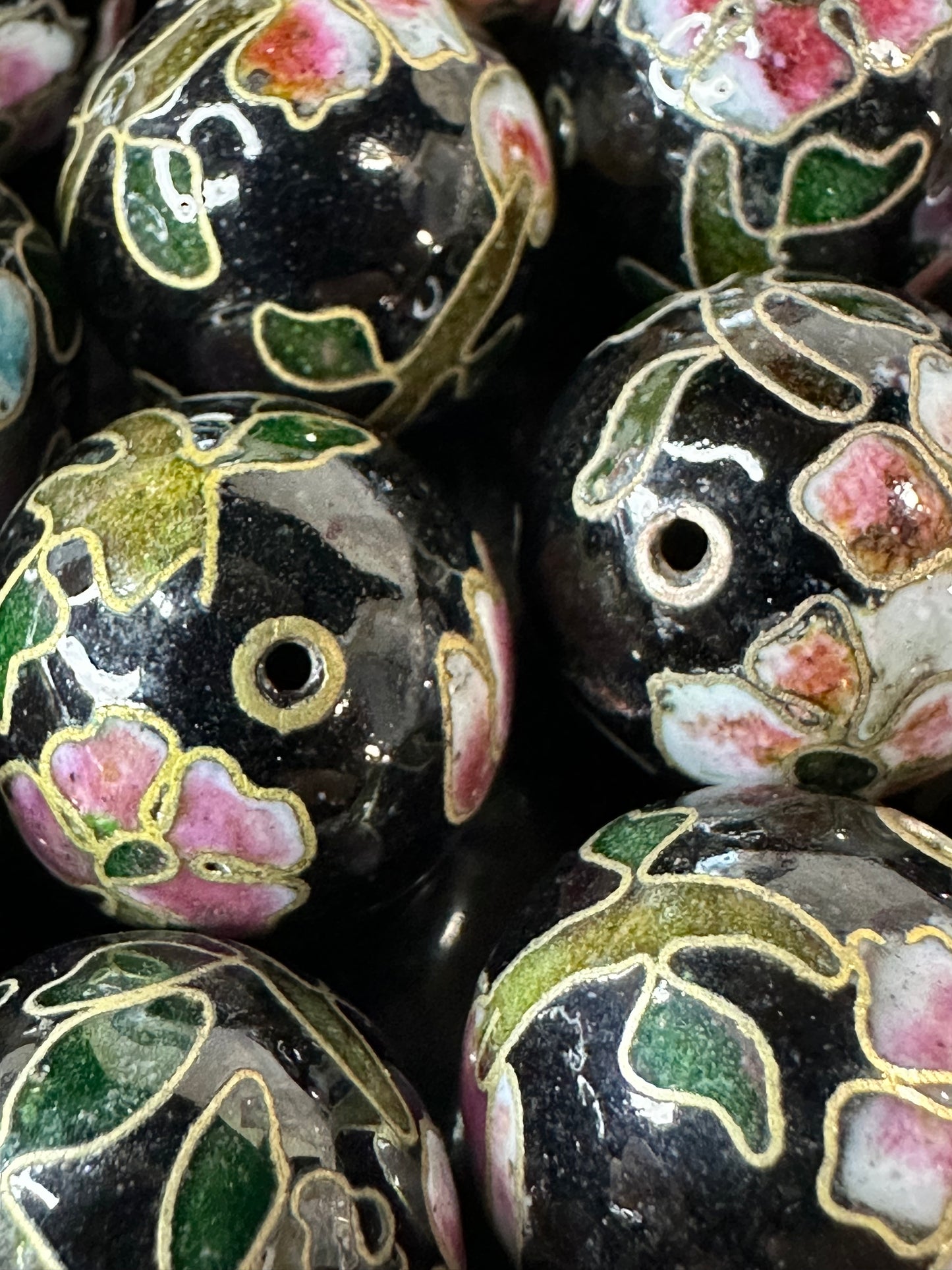 One Vintage Chinese Cloisonne Black & Pink Bead 18mm Glass Enamel Jewelry