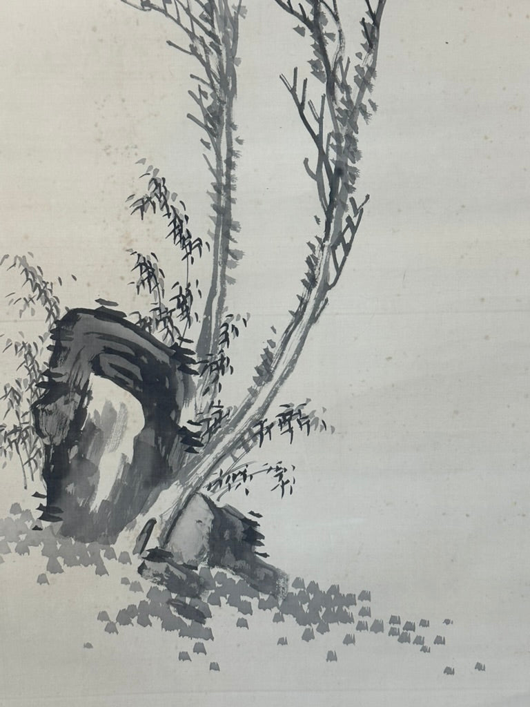 Antique Japanese c1912 Kakejiku Hanging Scroll Wild Bamboo Frost Branch Sumi Ink Signed 76"L