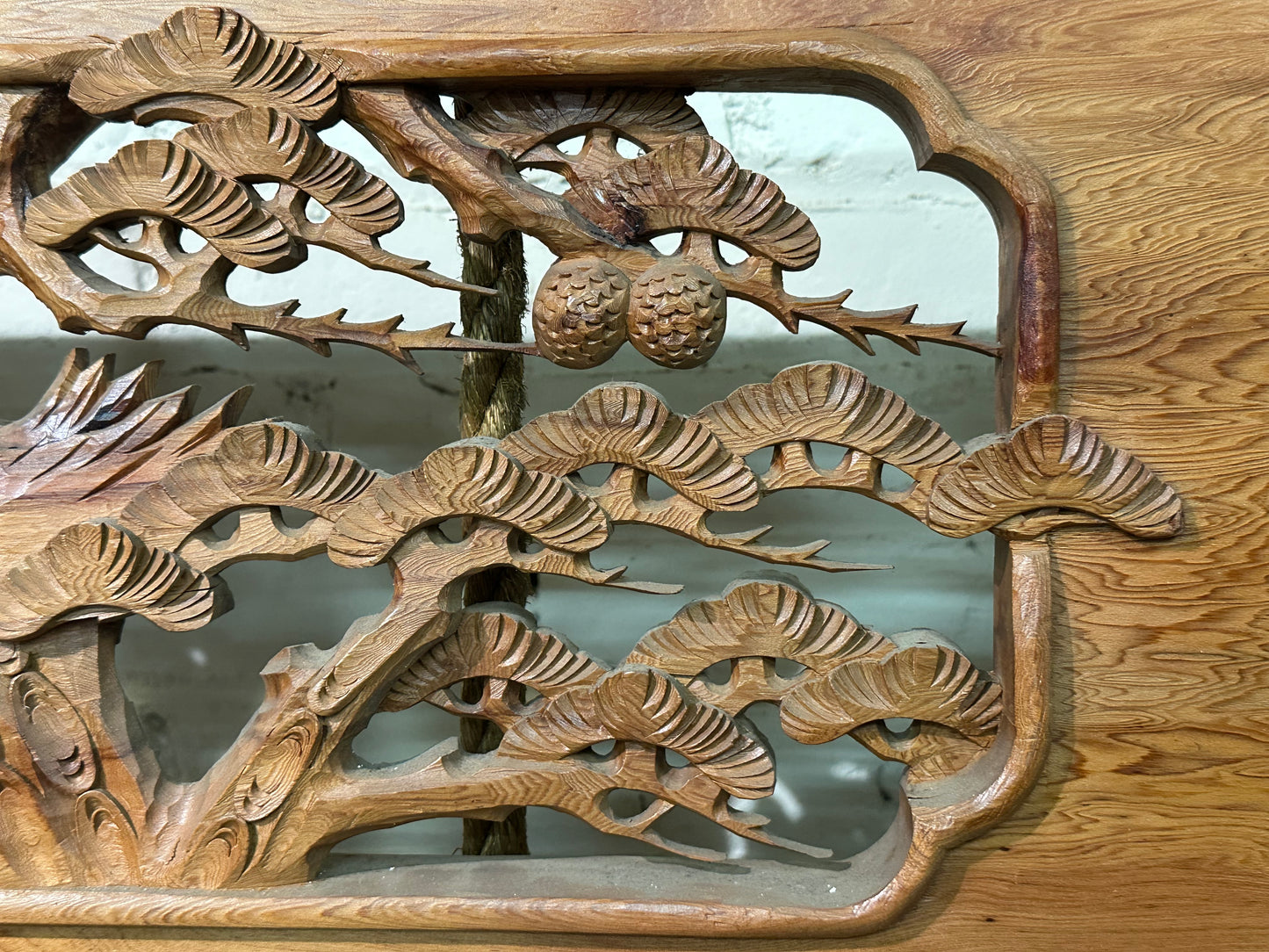 Vintage Japanese Ranma PAIR Eagles & Pines Carved Transom Screen Sugi Wood 73"