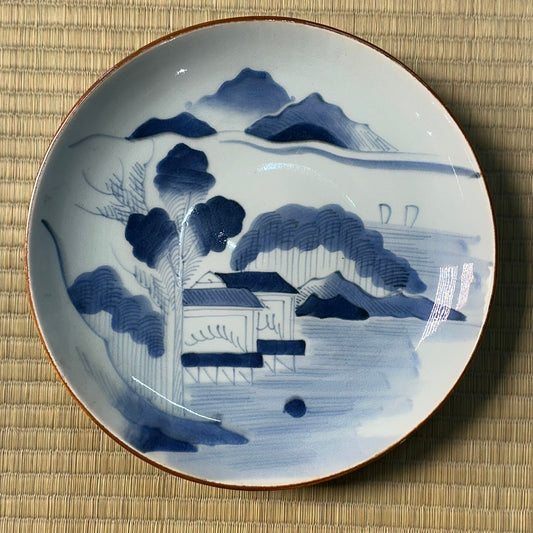 Antique Japanese Blue & White Porcelain Plate Shanshui Pavilion Landscape 11"W