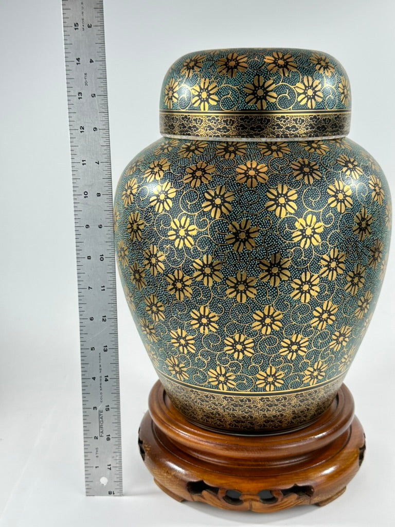 Vintage Kutani Shozan Porcelain Lidded Ginger Jar Green Gold Kiku Hardwood Stand Showa 14.5"