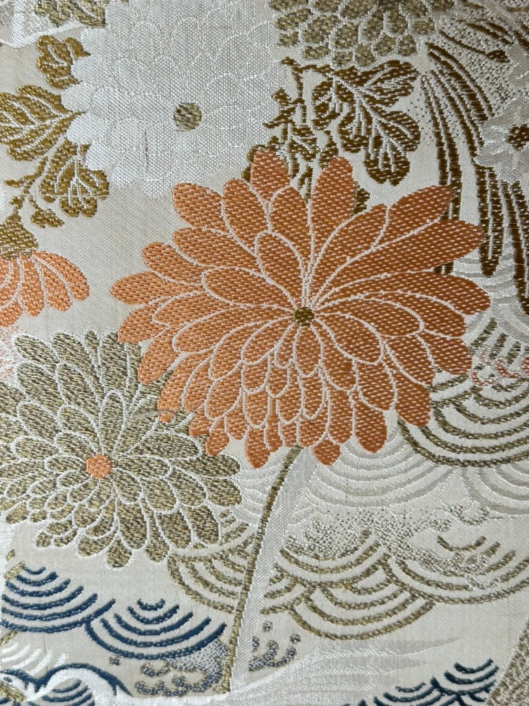 Antique Japanese Silk Tsuzure Fukuro Obi Crane Chrysanthemum Wave 13'L
