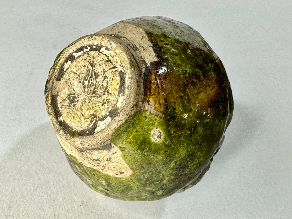 Chinese Green Glazed Miniature Pottery Jar Molded Dragon Relief Archaistic Floral Stamp ~1"H