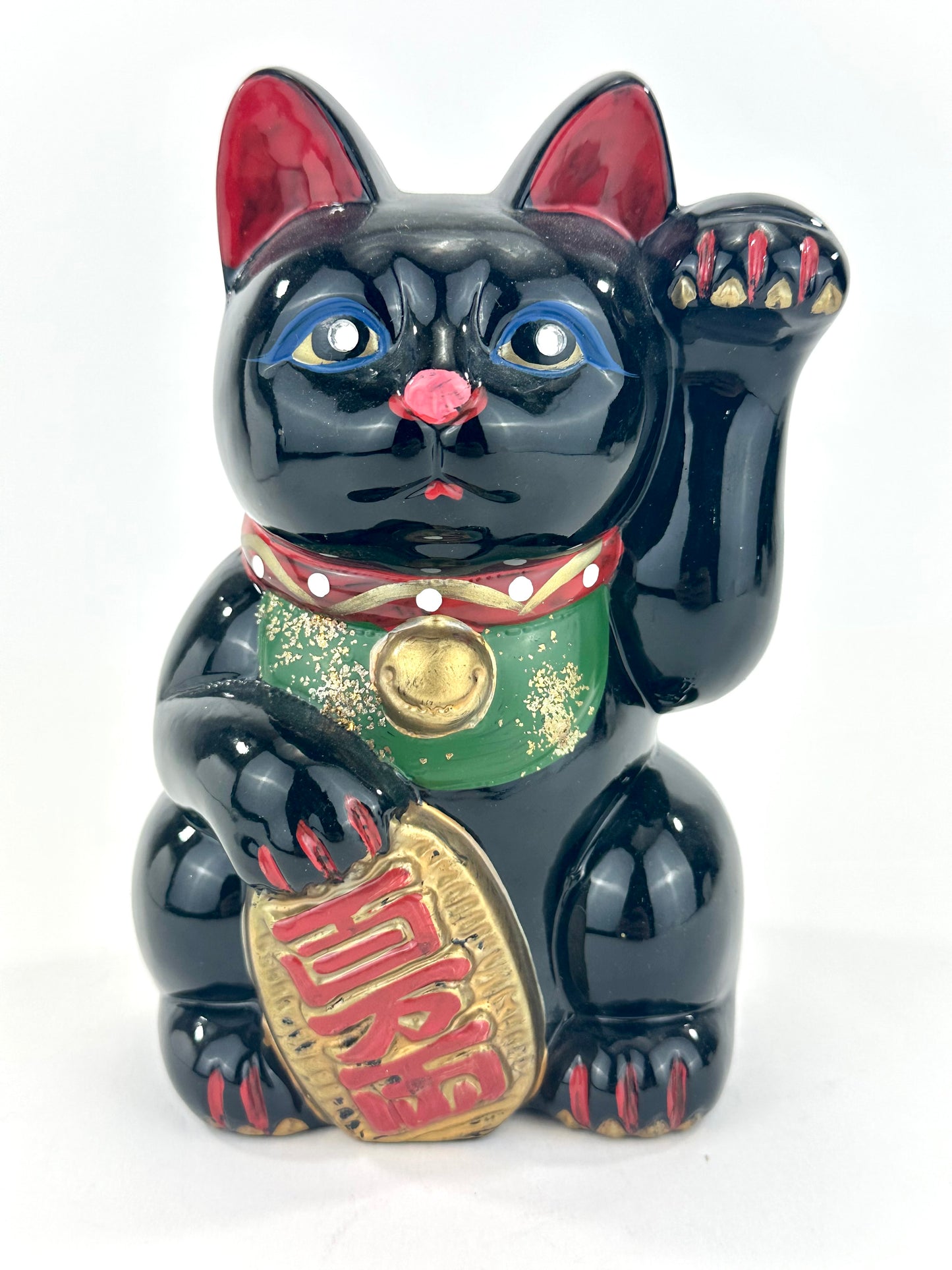 Vintage Japanese Black Ceramic Maneki Neko Fortune Cat Lucky Coin Bank 7"H