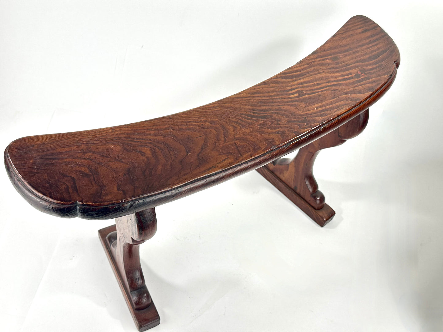 Antique Japanese Meiji Era Sugi Wood Armrest Kyosoku Curved Top Trestle Base 22"L