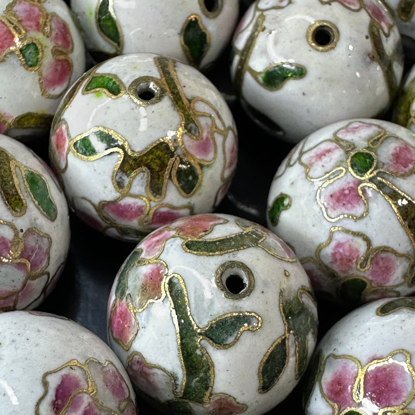 Vintage Chinese Cloisonne Pink & Green Floral Bead 18mm Glass Enamel Jewelry